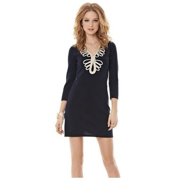 Lilly Pulitzer Delvin Navy blue 100% merino wool sweater dress sz S with gold - Picture 2 of 10